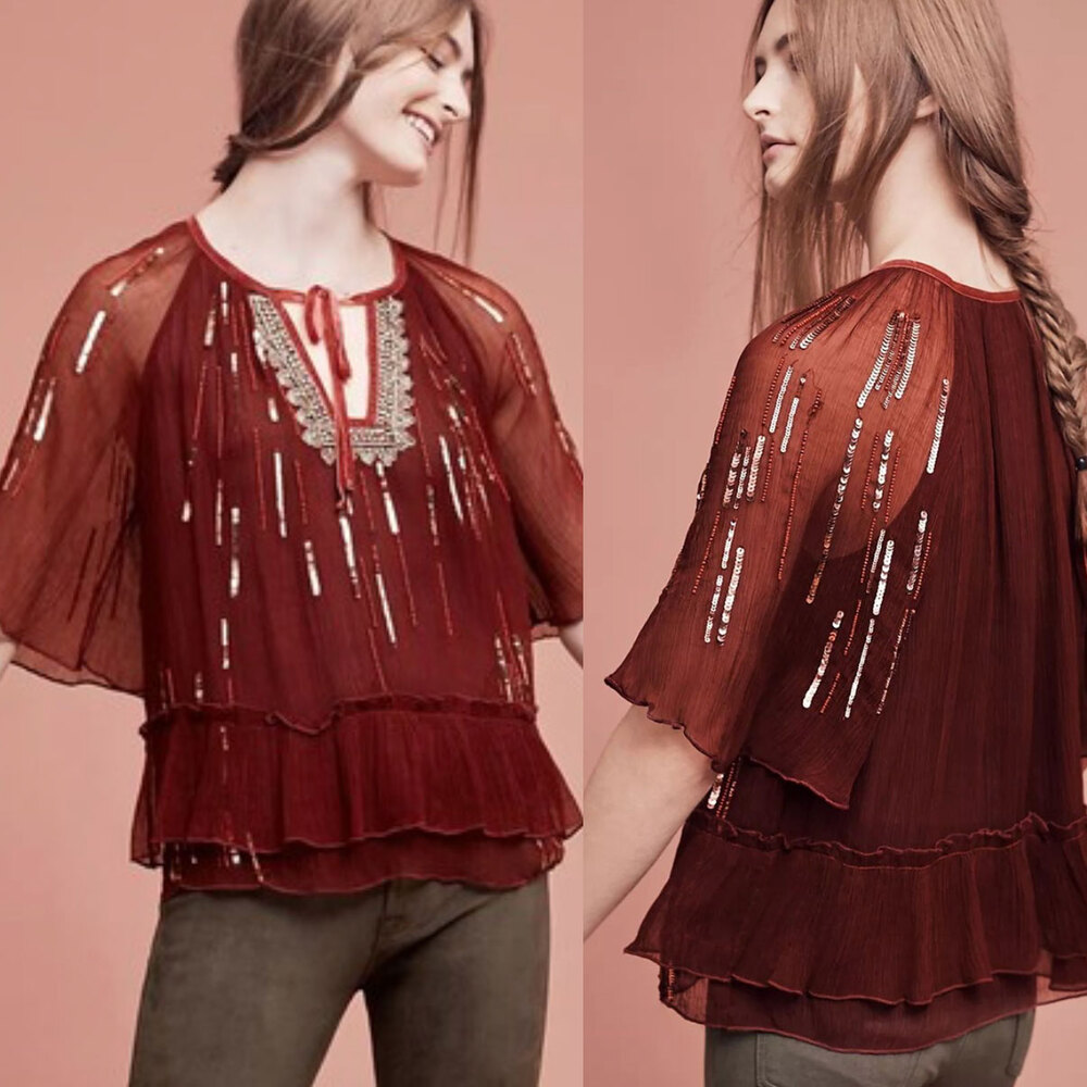 Anthropologie Floreat Canalis Beaded Keyhole Blouse Burgundy Wine Size S Boho